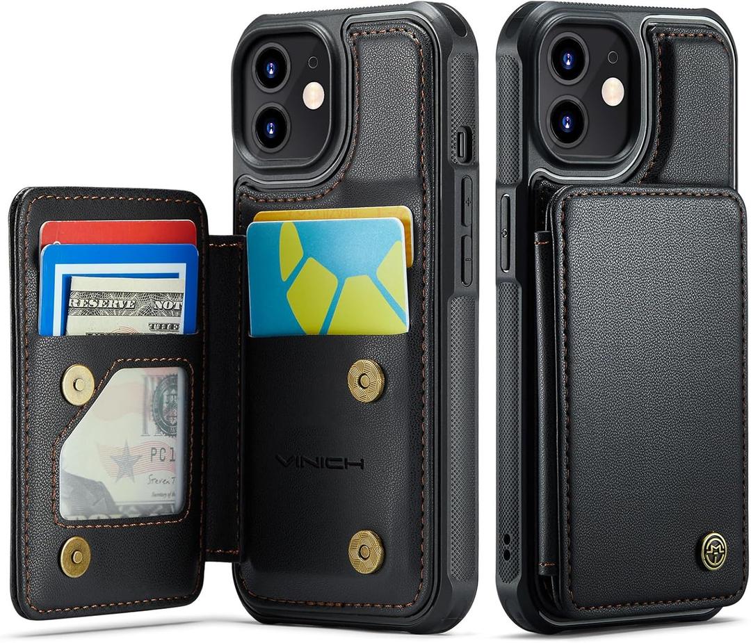 Vinich for iPhone 12/12 Pro Wallet Case with Card Holder, RFID Blocking Credit Slots Kickstand Shockproof Phone Cover for Women Men, Black