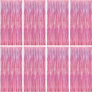 8 Pack Pink Backdrop, 3.28 FT x 7.05 FT Fringe Curtains, Metallic Glitter Pink Fringe Party Streamer Foil Curtains Tinsel Backdrop, Pink Decorations Bachelorette Valentines Day Party Supplies