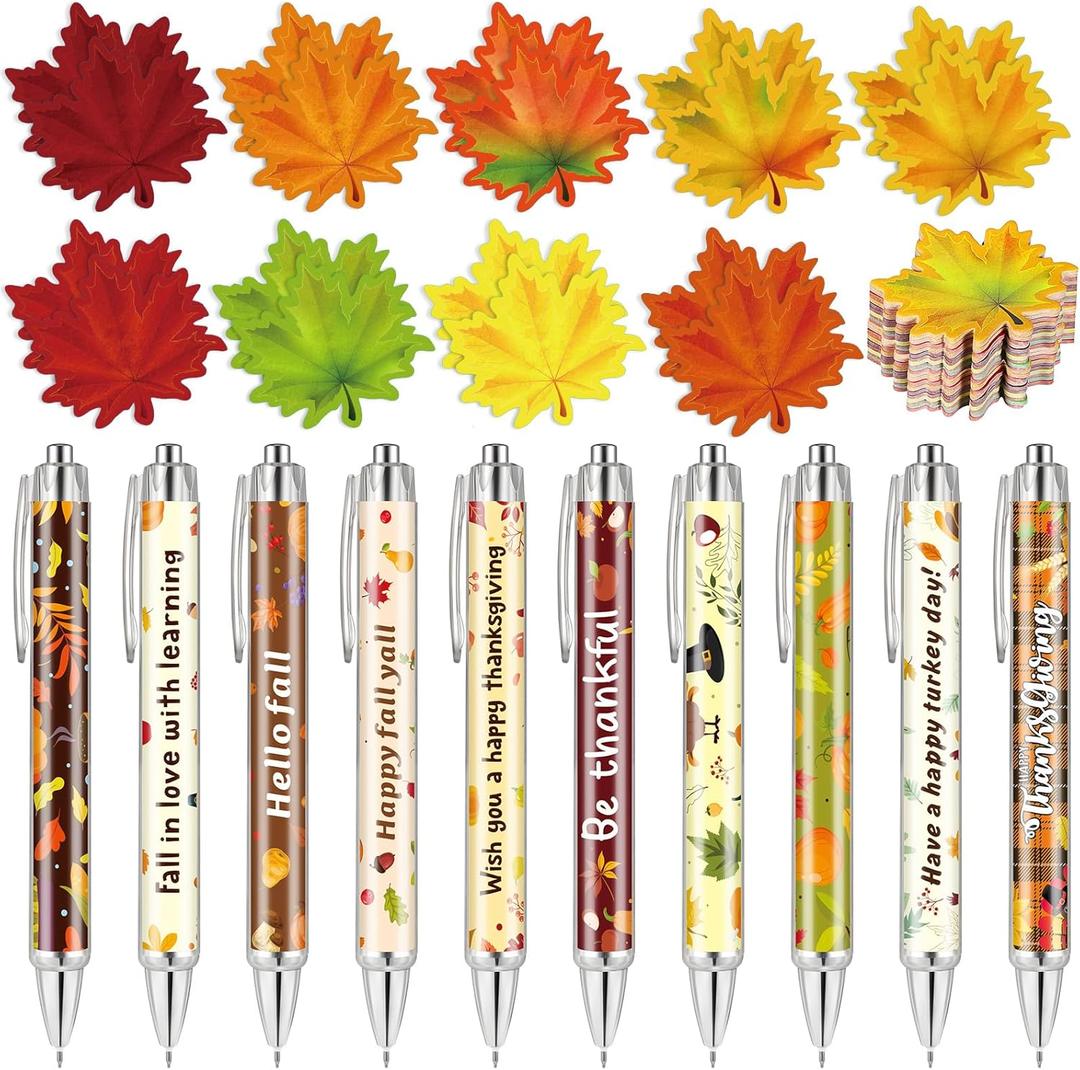 Qeeenar 80 Pcs Fall Leaf Sticky Notes and Pens Set, 20 Thanksgiving Maple Leaf Self Stick Note Pads Autumn Ballpoint Pens for Thanksgiving Harvest Office Classroom Activity Party Supplies