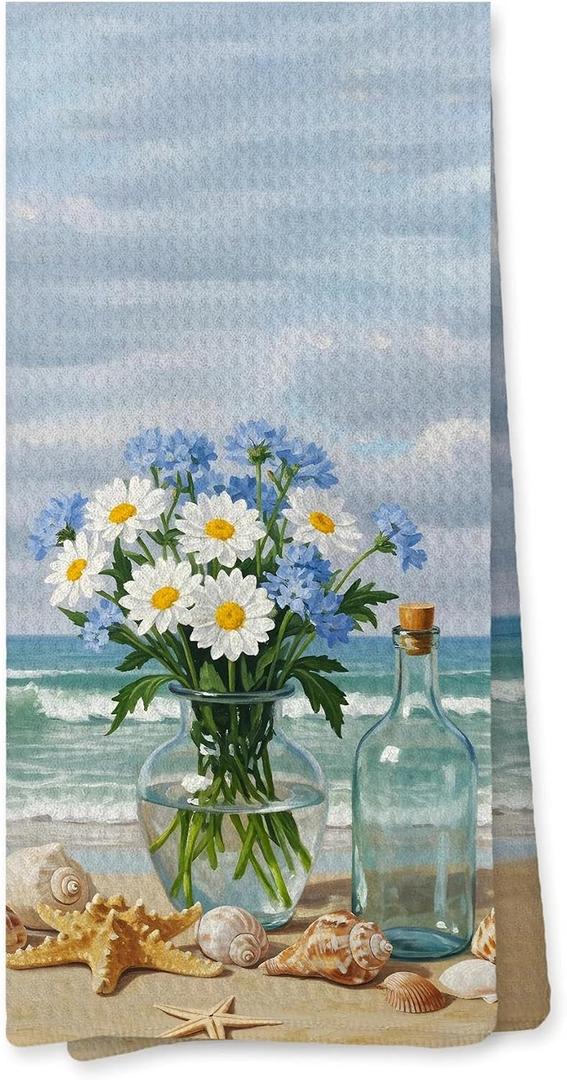 Coastal Beach Daisy Kitchen Towel, Summer Coastal Floral Dish Tea Towel for Kitchen, Daisy Inspirational Decorative Hand Towel for Bathroom, 16x24 Inches