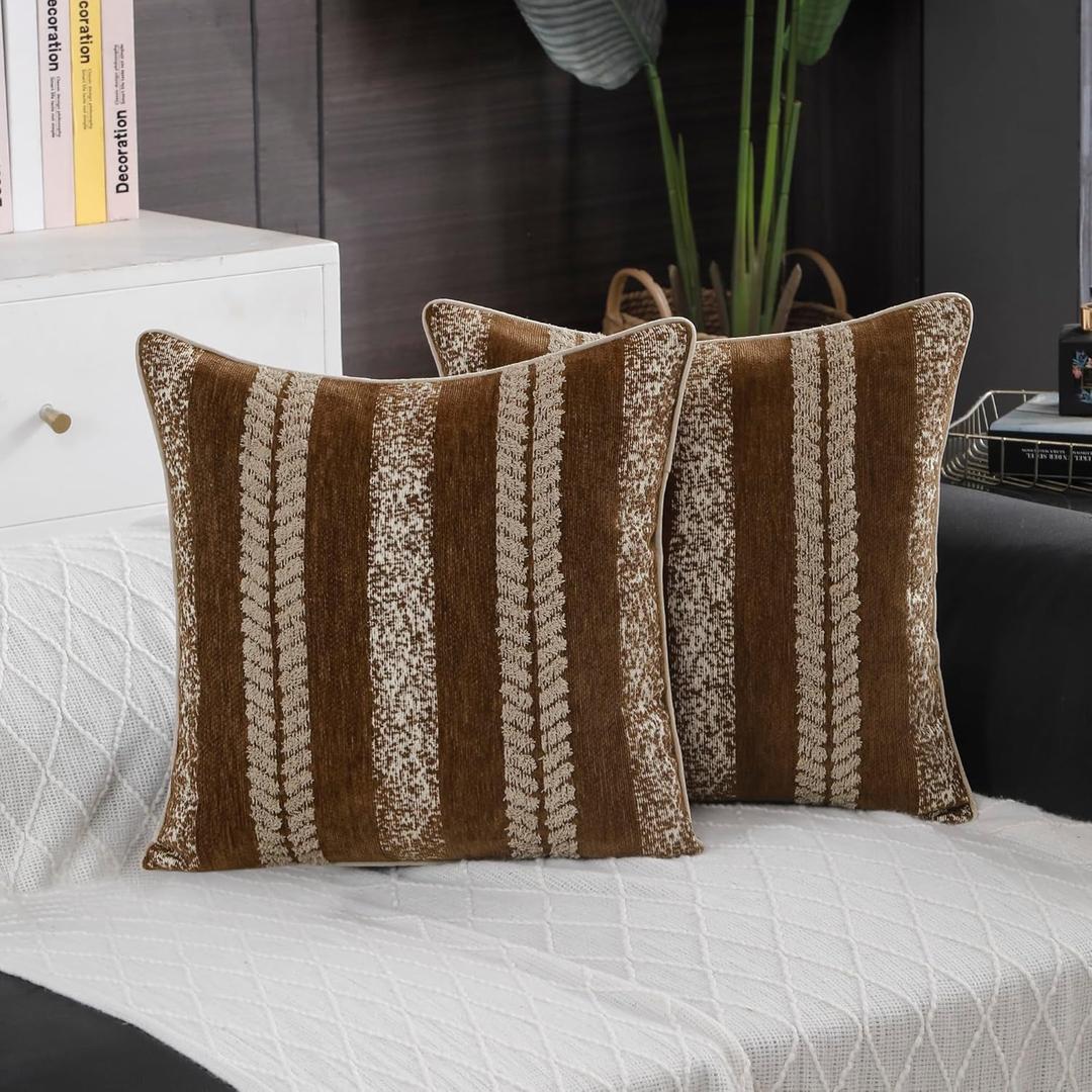 Boho Pillow Covers Set of 2 for Couch -Modern famhouse Sofa Decorative Throw Pillow Covers Textured Chenille Cushion Covers Outdoor Neutral Pillow Cases. (Brown, 18x18)