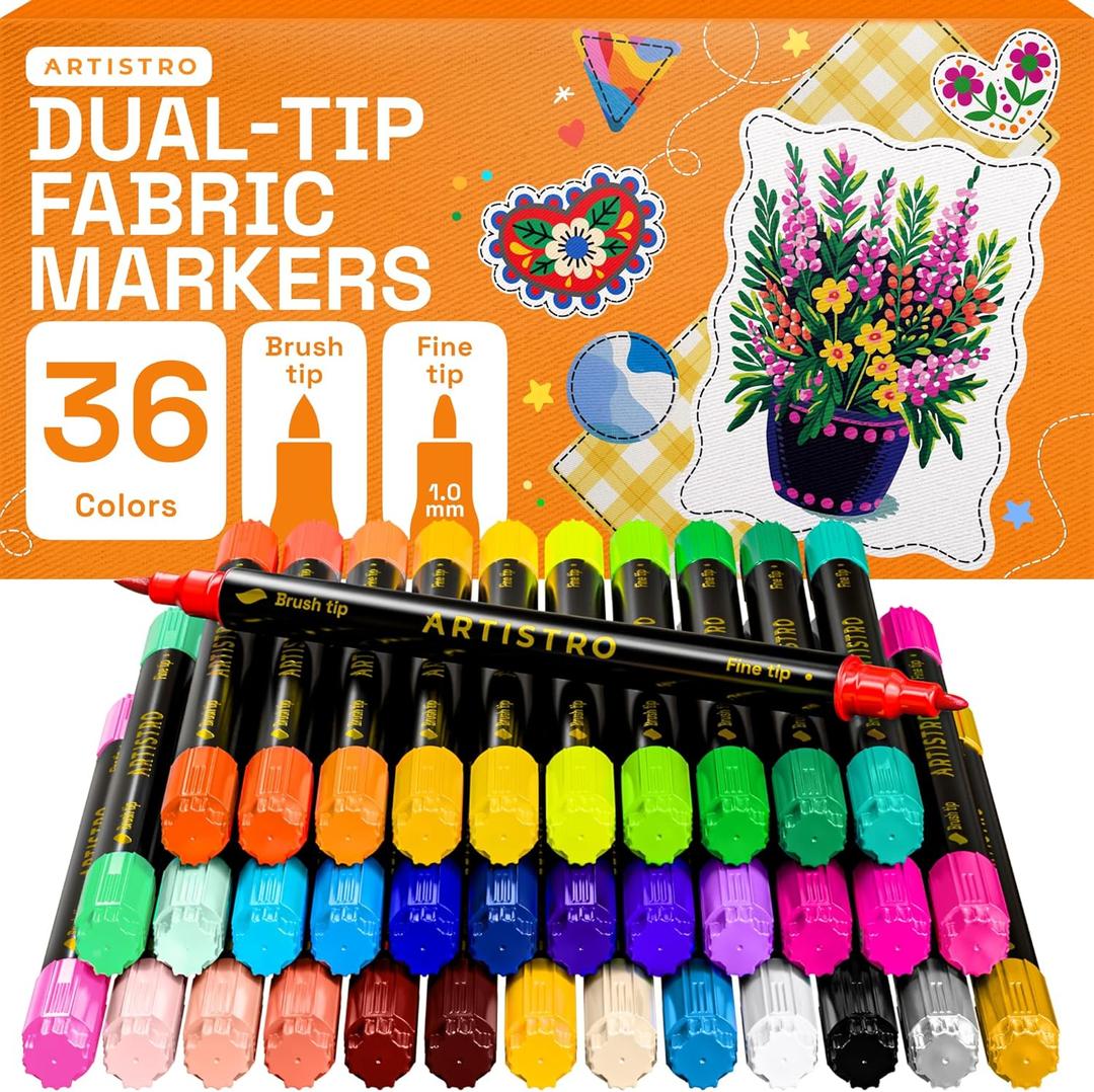 ARTISTRO 36 Dual-Tip Fabric Markers - Fabric Decorating Kit - Permanent for Clothes - No Bleed Pens for T-Shirts, Bags, Textile, Canvas, and More (Brush Tip and Fine Tip)