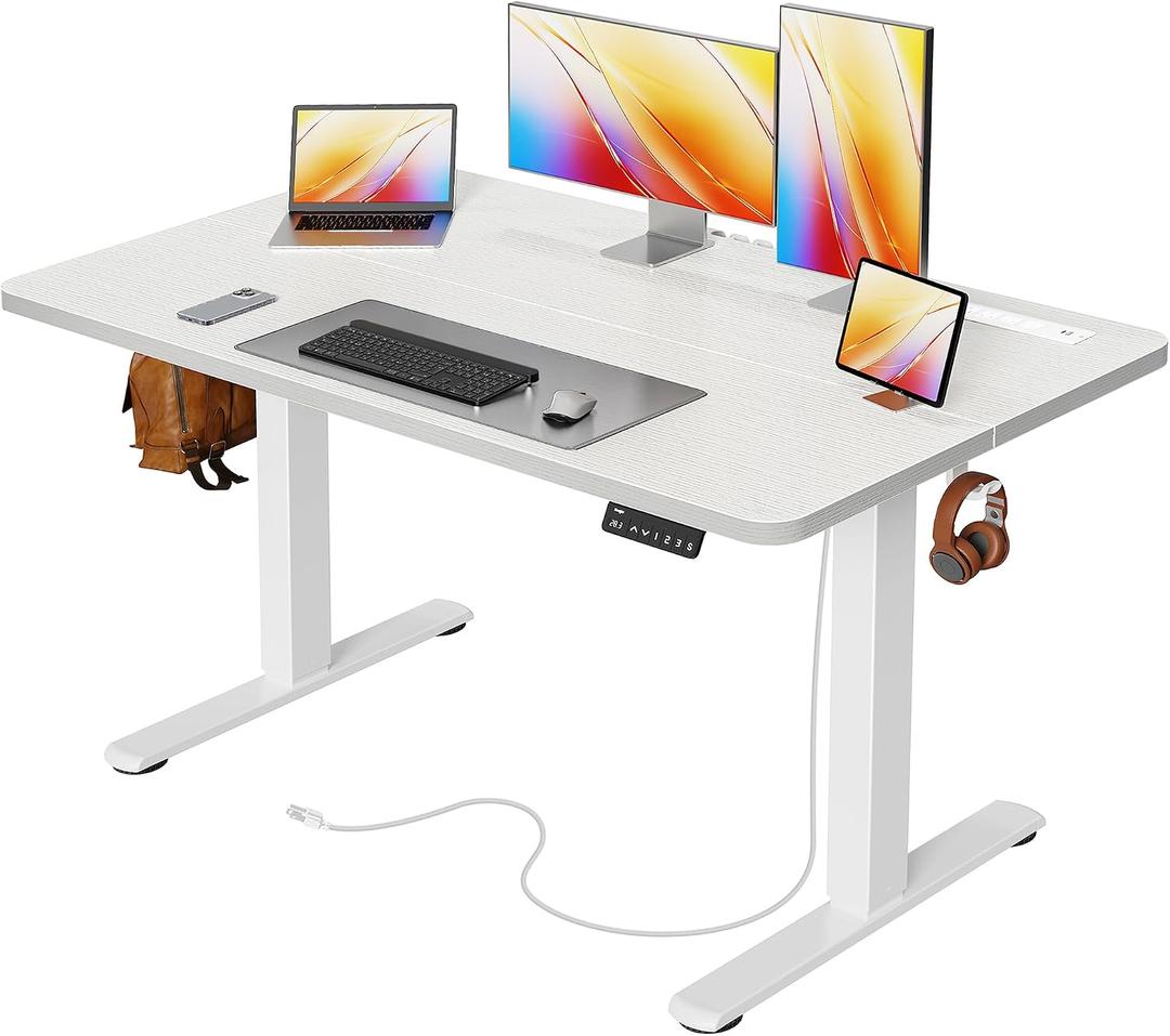 Huuger Electric Standing Desk with Power Outlets and USB-C Port, 47 X 24 Inch Height Adjustable Desk, Sit Stand Desk for Home Office, Computer & Gaming Desk with 4 Presets, Stable Steel Frame, White, 47.2 x 23.6 inch