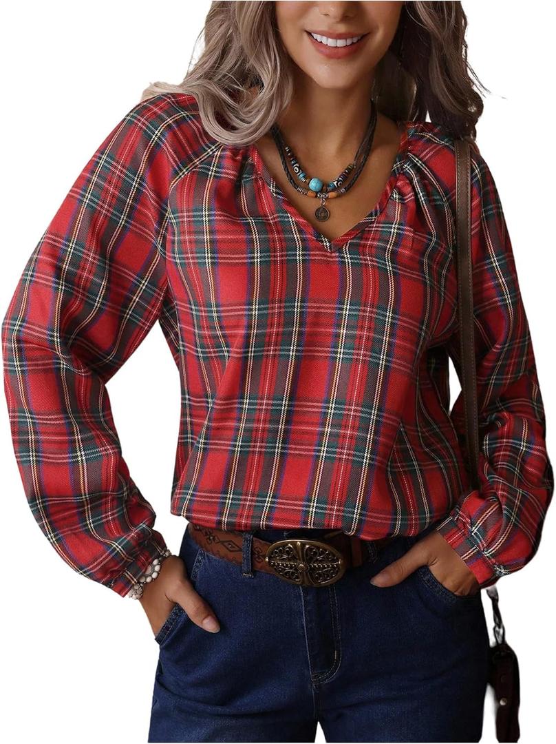 GORGLITTER Women's Plaid Shirt Long Sleeve V Neck Vintage Fall Blouses Bishop Going Out Tops (L)