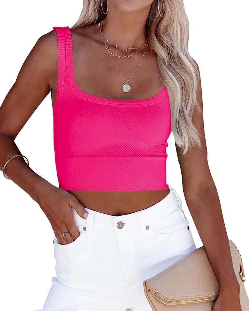 CYVESOULA Tank Top for Women Scoop Neck Sleeveless Crop Tops Chevron Ribbed Knit Crop Tank Top Fitted Soft Basic Cropped Tank (Small, Hot Pink)