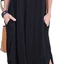 HUSKARY Women's Summer Maxi Dress Casual Loose Pockets Long Dress Short Sleeve Split Maxi Dresses