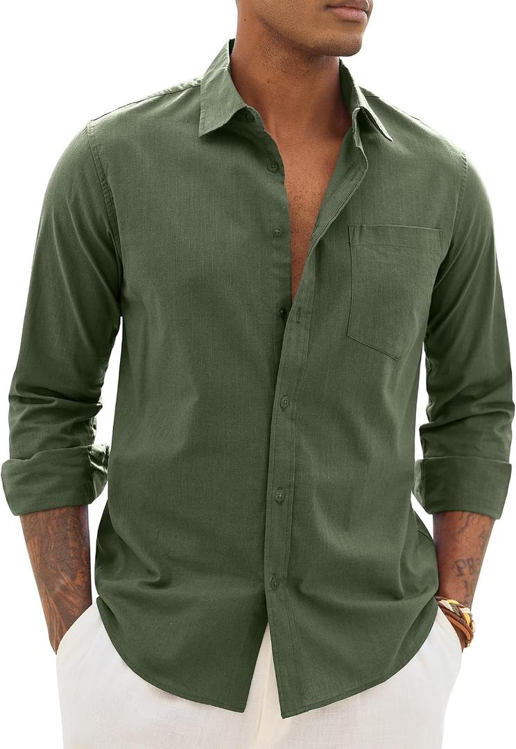 Alimens & Gentle Mens Cotton Linen Textured Shirt Long Sleeve Button Down Shirts Casual Summer Beach Wedding Tops with Pocket (Green, L)