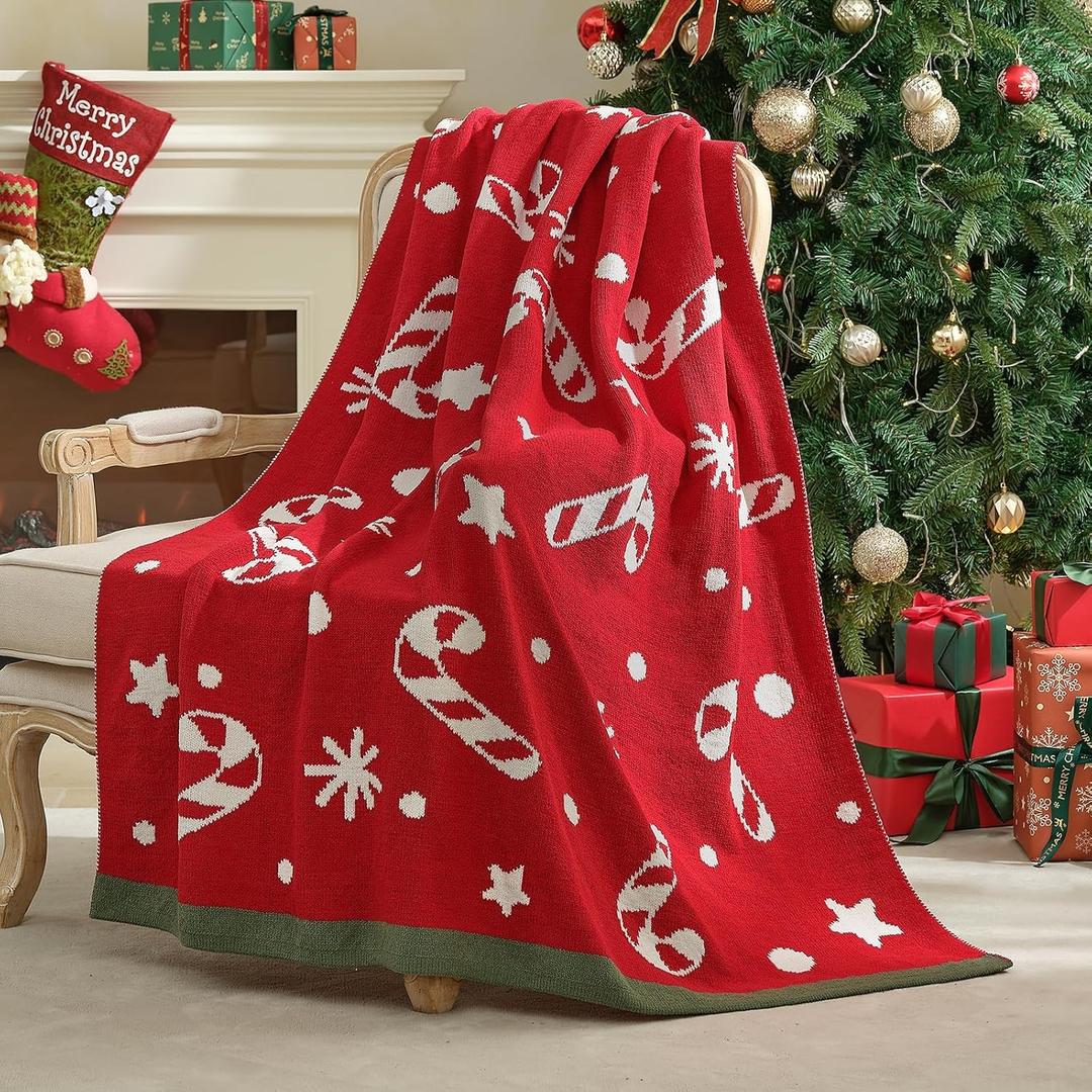 Amlie Home Christmas Knit Throw for Couch, Reversible Soft Cozy Chenille Blanket for Home Decor Gift for Family, 50" x 60", Red Christmas Candy Cane