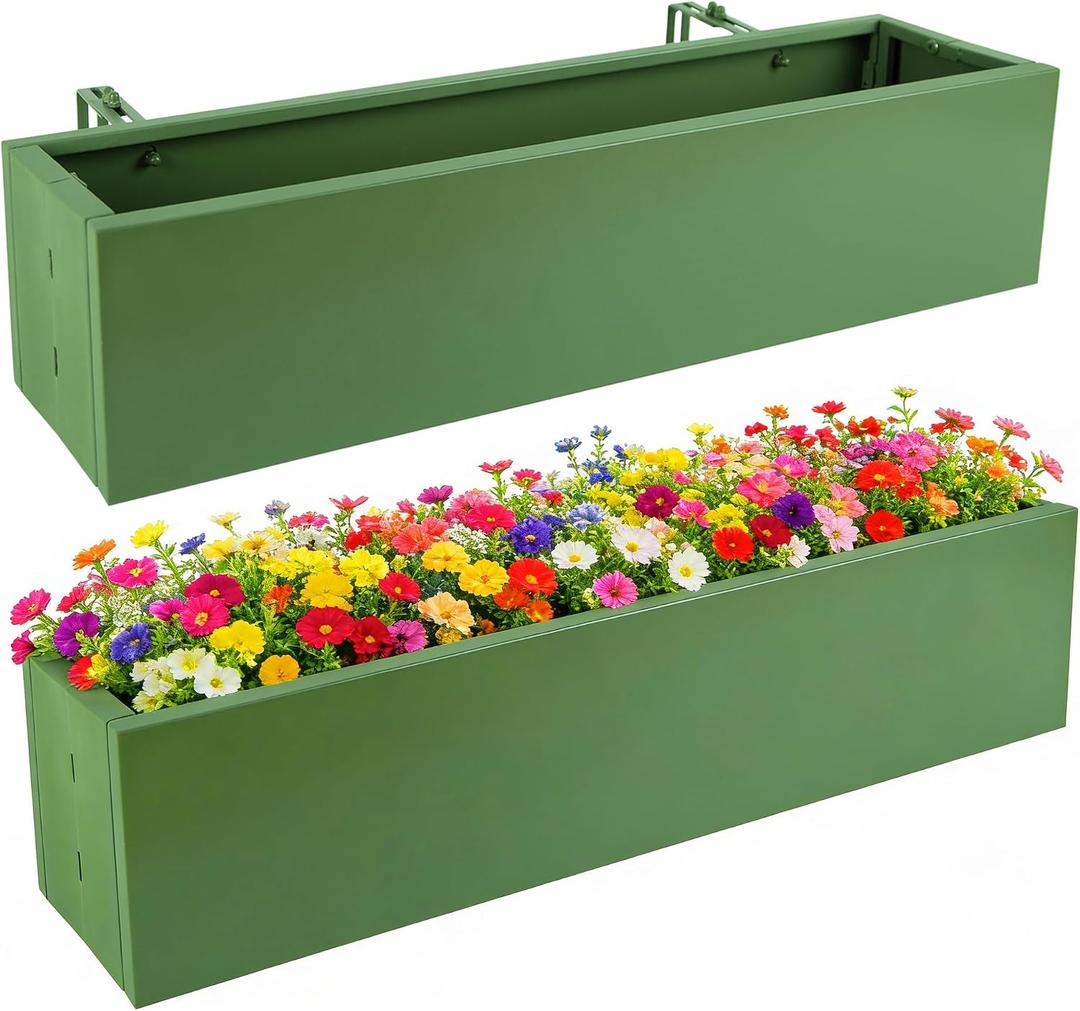 2 Pack Metal Railing Planter Box, 30 Inch Balcony Planters with Adjustable Brackets, Large Hanging Planters for Outdoor Fence Deck