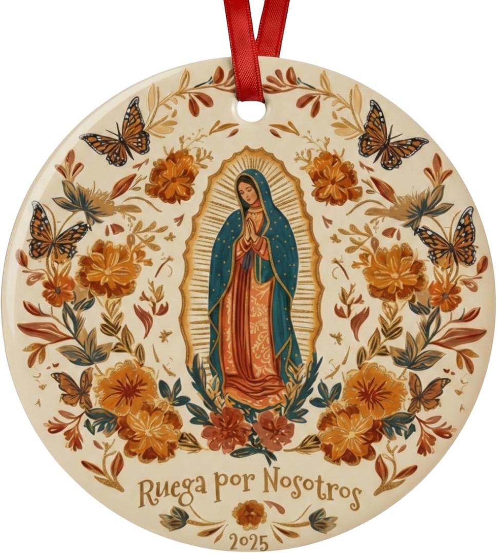 Our Lady of Guadalupe Ornament 2025 - Virgen de Guadalupe Ceramic Christmas Decoration, Ruega por Nosotros Catholic Religious Gift for Abuela Mom, Mexican Heritage Virgin Mary Keepsake