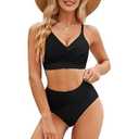 Zando 2025 Adjustable Criss Cross High Waisted Bikini Sets for Curvy Women - Tummy Control Swimsuit, Color Block Modest Bathing Suit, Full Coverage & UPF 50 Swimwear for Beach Vacation, Black, Large