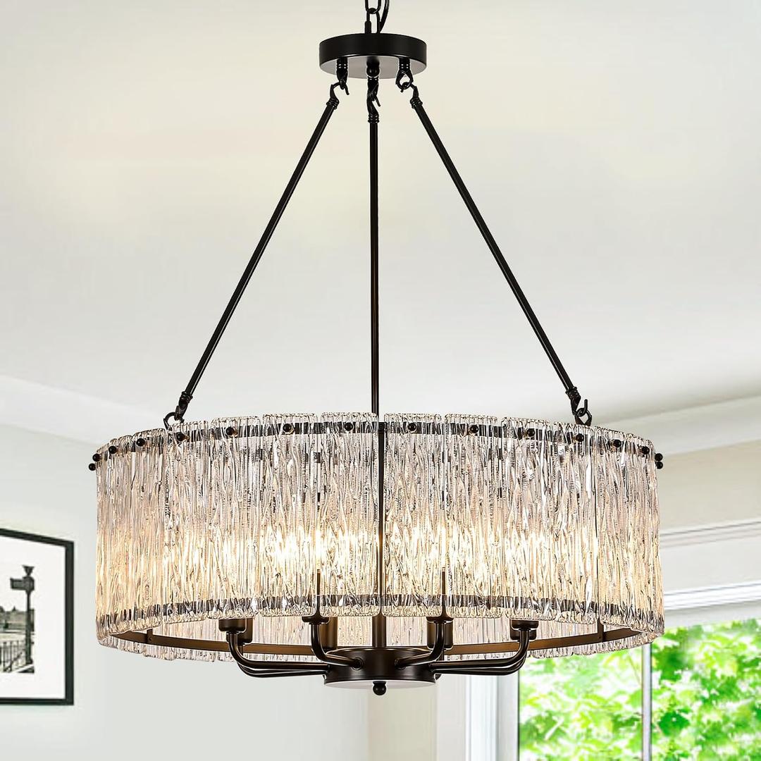 CATINER Modern Drum Chandelier 24.4" Black Crystal Glass Chandeliers 8-Light Luxury Ceiling Pendant Lighting Fixture for Dining Room Foyer Living Room Bedroom, Large Drum 24.4