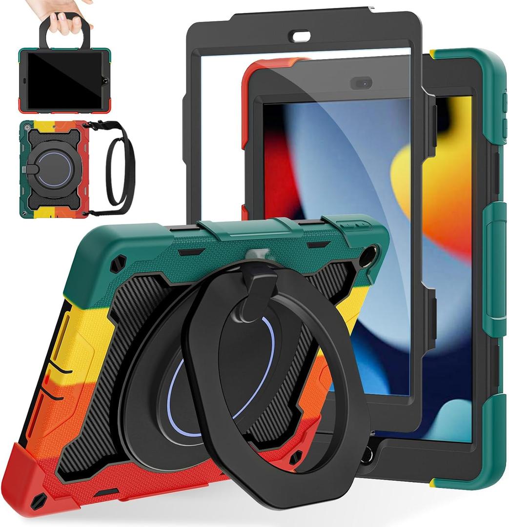 ROISKIN for iPad 10.2 Case 9th 8th 7th Generation with Screen Protector [15ft Drop Protection], 360° Rotating Kickstand Shoulder Strap Hand Grip Pencil Holder Kids Case for iPad 10.2 inch Case (Red-Black)