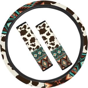 Coldinair Brown Cow Print Universal Car Steering Wheel Cover & Tribal Style Seat Belt Shoulder Pads Fit Most Cars,Truck SUV,Soft and Stretchy