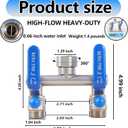 304 Stainless Steel Garden Hose Splitter 2 Way Heavy Duty, Full Flow Hose Splitter with Long Handle,Lead-free T Valve Rust and Freeze Resistant,3/4" GHT Threads