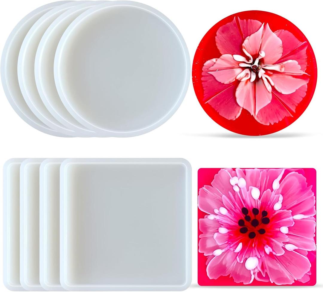 8 Pcs Silicone Coaster Molds - Round Square Silicone Coaster Molds for Epoxy Resin, Resin Tray Coaster Mold for DIY Coasters, DIY Crafts, Home Decor, Holiday Gifts