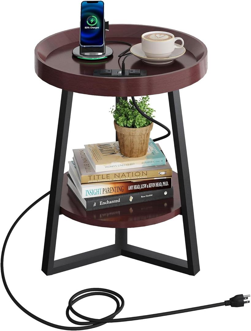 WLIVE Small Round Side Table with Charging Station, Round Coffee Table, 2 Tier End Table for Living Room/Bedroom, Sofa Couch, Easy to Assemble, Wood Tabletop & Metal Frame, Brown