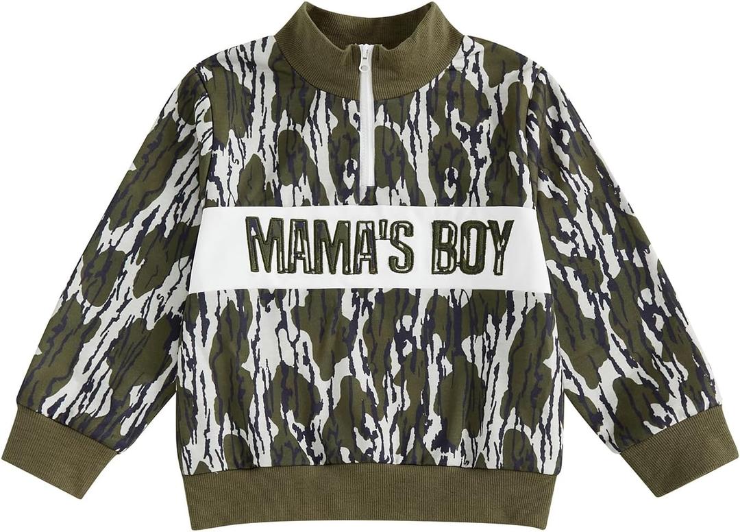 Gueuusu Kids Little Boys Camo Outfit Letter Embroidery Quarter Zip Sweatshirt Long Sleeve Stand Collar Shirt Hunting Clothes (Green)