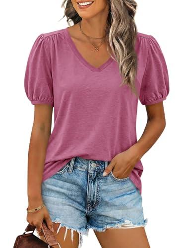 Cicy Bell Womens Puff Short Sleeve T-Shirts V Neck Summer Casual Pleated Tops Loose Fit Curved Hem Tees Dusty Rose, Small