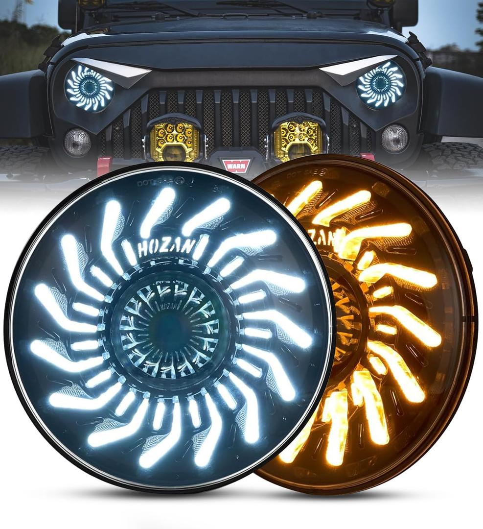 7inch Round chrysanthemum petal Headlights White DRL Amber Turn Signal Compatible with 2007-2017 Wrangler JK JKU TJ LJ
