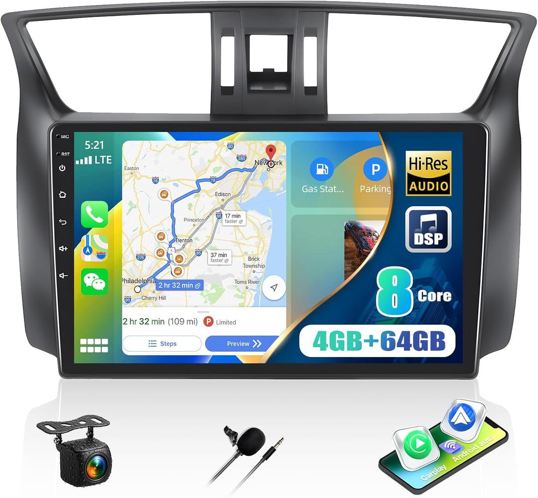 8-Core Qualcomm Snapdragon 4G+64G Car Radio for Nissan Sentra 2013 2014 2015, 10" IPS Touch Screen Android 15 Car Stereo with CarPlay Android Auto DSP Hi-Res Bluetooth 5.1 GPS WiFi FM Backup Camera