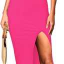 Pink Queen Women's Spaghetti Strap Cutout Side Slit Ribbed Knee Length Bodycon Midi Dress Club Party Dresses for Women (Pink, M)