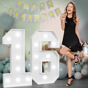3FT Marquee Numbers 16 with Lights, Large Light Up Numbers Sign for 16th Birthday Party Decorations Backdrop, Anniversary Cardboard Big Mosaic Number 16