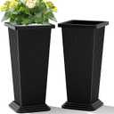 Set of 2 Large Tall Planter for Indoor or Outdoor 24" Flower Pots Tapered Tall Planters with Tray for Porch, Patio, Backyard, Large Planters for Outdoor Indoor Plants(Black,Striped)