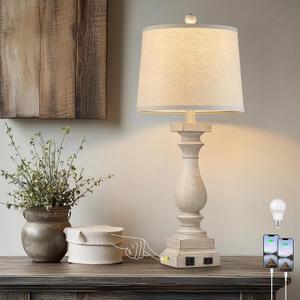 28" Tall Farmhouse Table Lamps with USB C+A Ports and AC Outlet, 3 Way Touch Control Rustic Bedside Lamps for Bedroom, Beige Vintage Nightstand Lamps for Living Room Office Beige-1 Pack