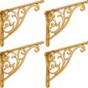 Gold Heavy Duty Shelf Brackets 8 x 5.5 Inch, Rustic Gold Iron L Shelf Bracket, Industrial Modern Metal Floating Shelf with Hardware for DIY Open Shelving, 4 Pack (8inch-4pcs, Antique Gold)