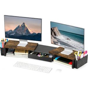Spacrea Metal Desk Organizers and Accessories, Dual Monitor Stand Riser with Drawer and 2 Pen Holders, Desk Accessories & Workspace Desktop Organizers for Office Supplies (Wood)