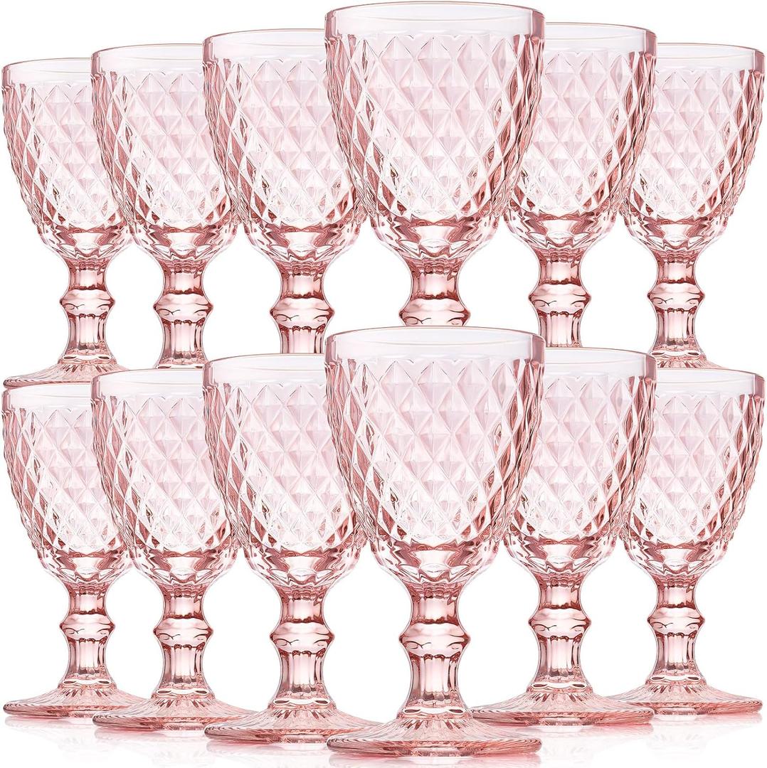 Lallisa 12 Pcs Pink Glass Set Vintage Glassware Pink Goblets 8 oz Embossed Drinking Glass with Stem High Clear Stemmed Cups Goblet for Wedding Party Banquet Feast Bar, Daily Use