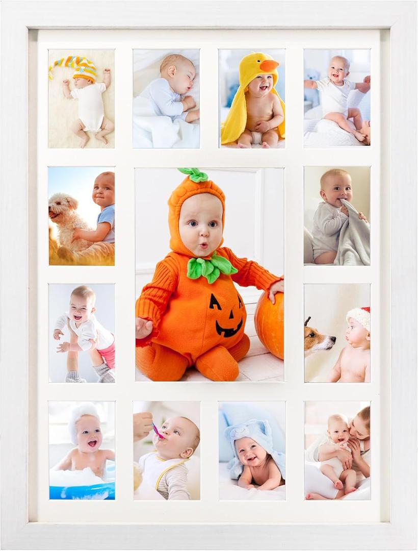 Baby First Years Photo Frames 12 Month Picture Frame School Years Graduation Photo Collage White Frame with Mat, Displays One 5x7 Photo and Twelve 2.5x3.5 Pictures