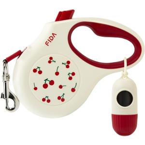 Fida Retractable Dog Leash with Dispenser and Poop Bags, 16 ft Pet Walking Leash for Small Dog or Cat up to 26 lbs, Anti-Slip Soft Handle, Tangle Free, Reflective Nylon Tape (S, Cherry)
