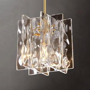Untrammelife 1-Light Gold Pendant Light, Modern Contemporary Square Water Ripple Acrylic Shade Lighting Fixtures Chandeliers for Kitchen Island, Living Room, Dining Room, Bedroom