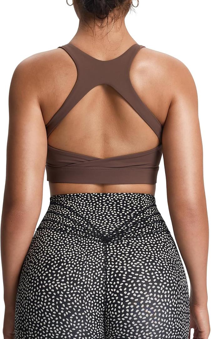 Aoxjox Women's Workout Sports Bras High Impact Fitness Training Gym Khloe Bra Yoga Crop Tank (Brown, M)