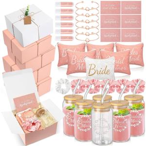 54 Pcs Bridesmaid Proposal Gifts Maid of Honor Gift, Bridesmaid Box Set Include Gift Box Makeup Bag Invited Card Glass Cup Lip Balm Scrunchie Hair Knotted Bracelet for Wedding(Pink, White)
