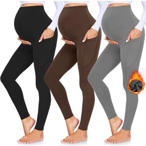GROTEEN 3 Pack Women's Maternity Leggings with Pockets Over The Belly Workout Yoga Pregnancy Pants (Large, 01c-black/Coffee/Dark Gray-fleece Lined)