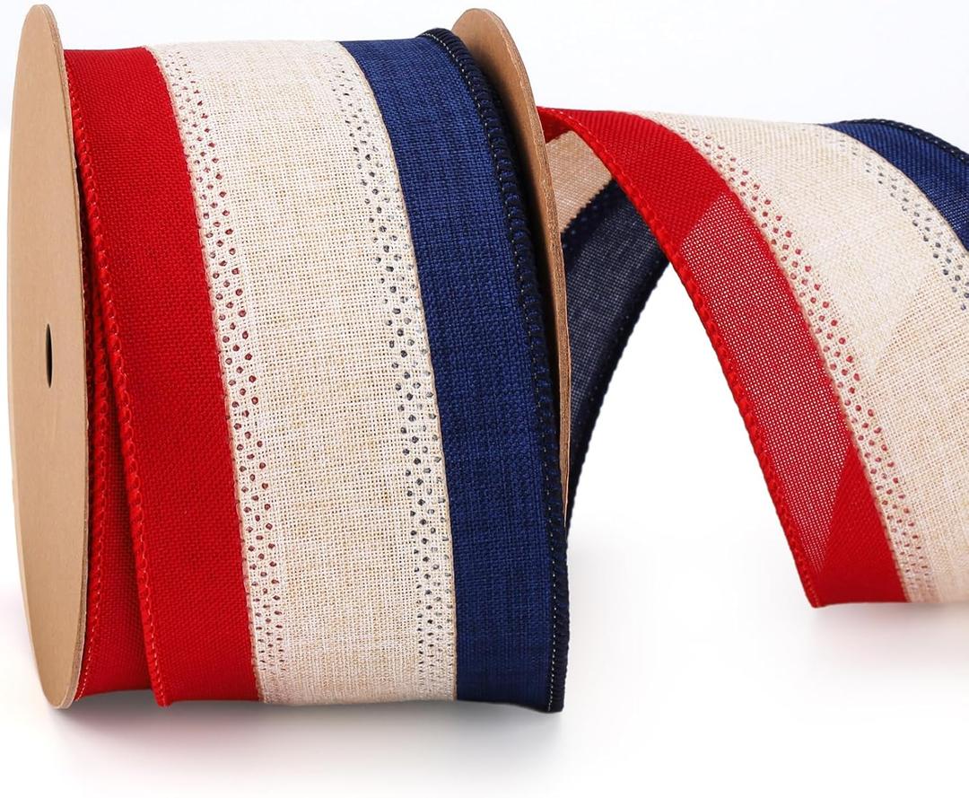 LaRibbons Patriotic Ribbon Wired 2.5 Inch x 10 Yards, Vintage Red White Blue Stripe Burlap Ribbon for 4th of July, Independence Day, 250th Anniversary Wreath Decor