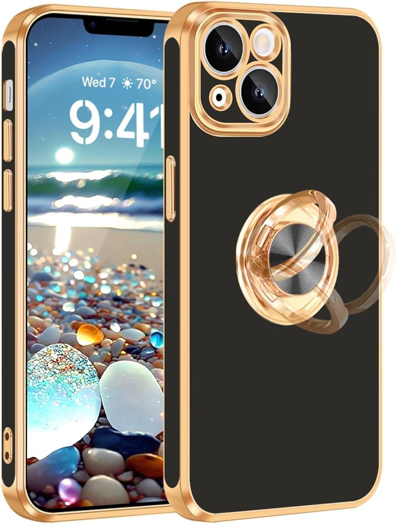 Fingic for iPhone 14 Case with 360 Ring Holder Stand, Magnetic Car Mount Support, Kickstand Phone Case for Women, Girls, and Boys. Slim, Thin, Shockproof Phone Cover Case for iPhone 14, 6.1 inch, 2022, Black (Black/Gold)
