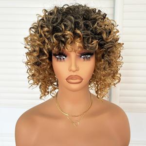 Short Loose Curly Afro Wigs 6 Inch Ombre Blonde Big Bouncy Kinky Curly Bob Wig with Bangs for Women Synthetic Heat Resistant Full Hair Wig