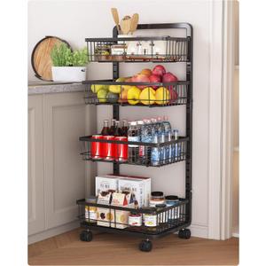 UMDONX 4-Tier Kitchen Storage Cart Metal Snack Cart Adjustable Fruit Basket on Wheels Stand Baskets for Potato Onion Produce Black
