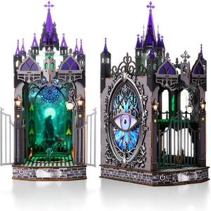 Book Nook Kit for Adults,3D Wooden Puzzle DIY Miniature Booknook Bookend Bookshelf Decor with LED Light,Gothic Castle Bookshelf Insert for Home Decor Gift,3D Wooden Puzzle.