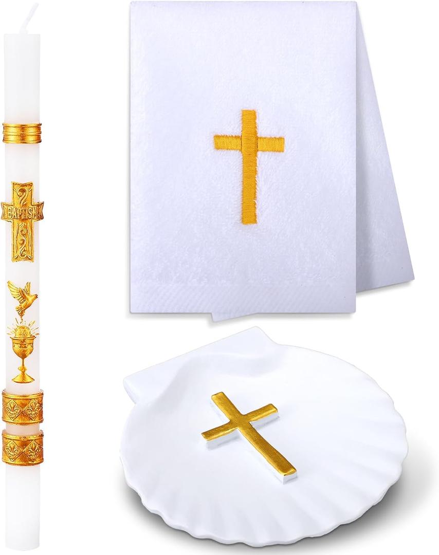 Lyrow 3 Pcs Baptism Candle Set for Boys and Girls Baptism Kit Include Baptismal Candle, Towel, Shell for Kids Christenings Favor(Gold)