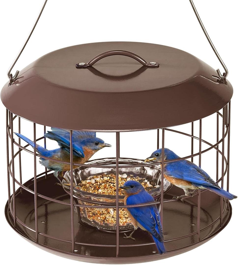 Kingsyard Bluebird Feeders for Outdoors Hanging, All Metal, Cage Bird Feeder with Tray, Squirrel Proof & Weatherproof, Easy to Refill & Clean (Brown)