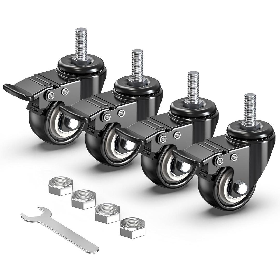 HOLKIE Stem Caster Wheels 2 inch Total Locking Casters Set of 4, Threaded Stem 3/8" -16 x 1 (Diameter 3/8", Length 1") Swivel Heavy Duty Castors Black (Black-With Brake-4 pack)