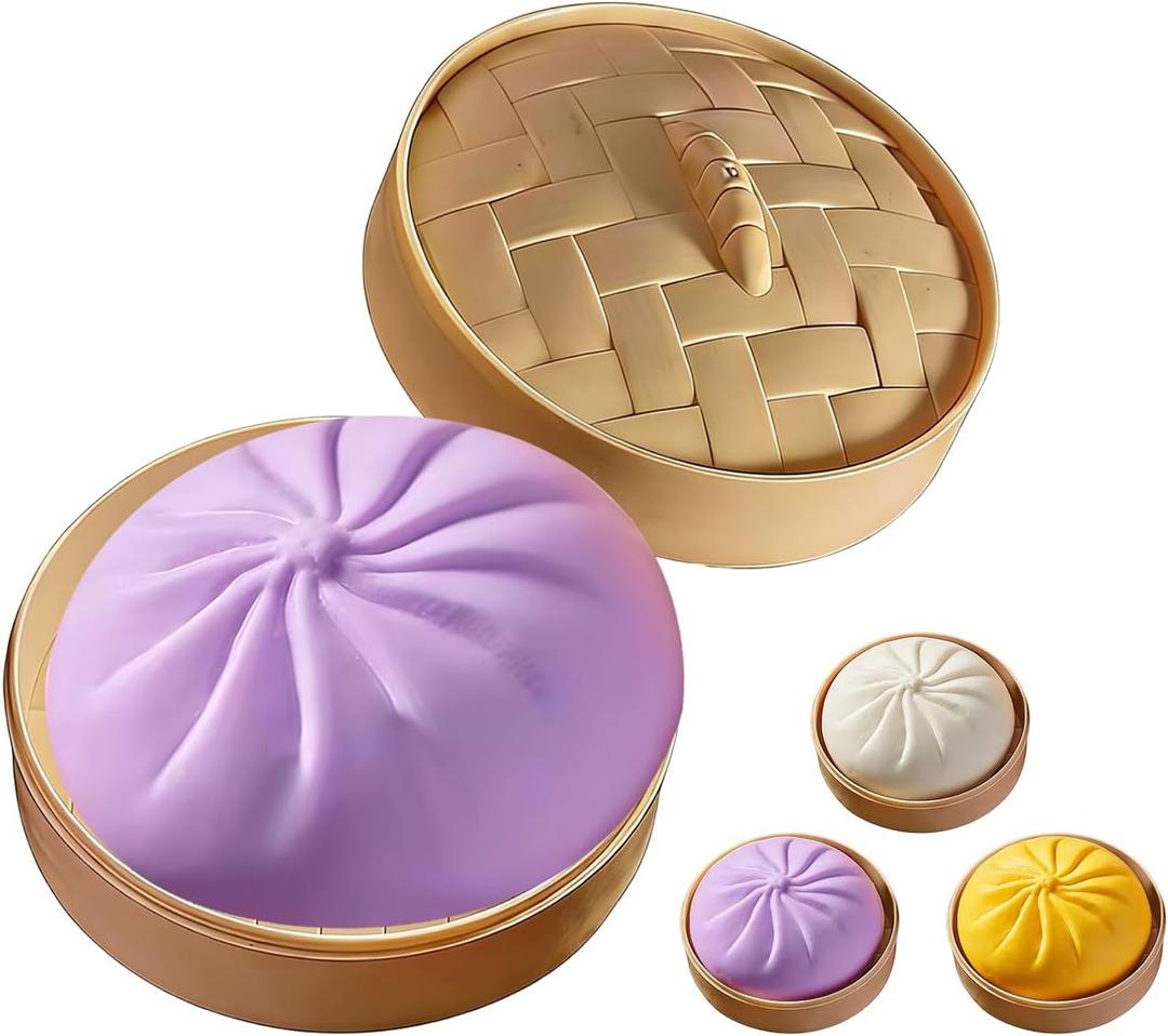 Dumpling Squishies Toy,Dumpling Squish-y,Cute Anxiety Relief Fidget Toy,Squishy Toy with Steamer Box,Soft Squeeze Decompression Dough for Adults& Kids (Purple)