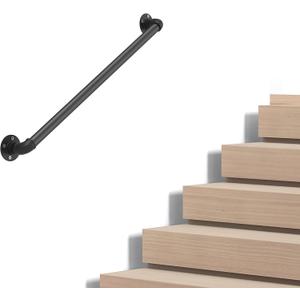 Industrial Pipe Stair Handrail, Wall-Mounted Metal Hand Rail for Indoor & Outdoor Steps, Black Galvanized Iron, Vintage Farmhouse Style, Heavy Duty Support for Stairs & Porch (Black, 2ft)