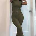 ZFLM Casual Workout Two Piece Outfits for Women Short Sleeve Crop High Waist Foldover Flare Pants Tracksuit Sets Streetwear (X-Small, Mocha)