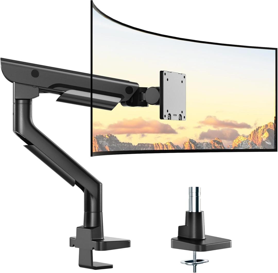 monTEK Sleek Aluminum Monitor Arm for 1757 Ultrawide Screens up to 59.4 lbs, Heavy Duty Single Monitor Arm Desk Mount, Pneumatic Lift, Quick-Release Plate, Clamp/Grommet, Max VESA 100x100 (Black)
